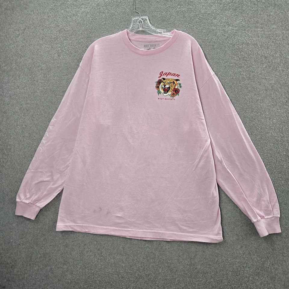 Riot Society Men Shirt XL Pink Long Sleeve Graphic Print Tiger Flowers Logo READ - Image 3 of 4