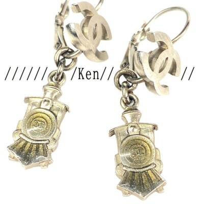 CHANEL Earrings Piercing AUTH Coco CC Logo Mark Vintage Rare Silver Train  Swing