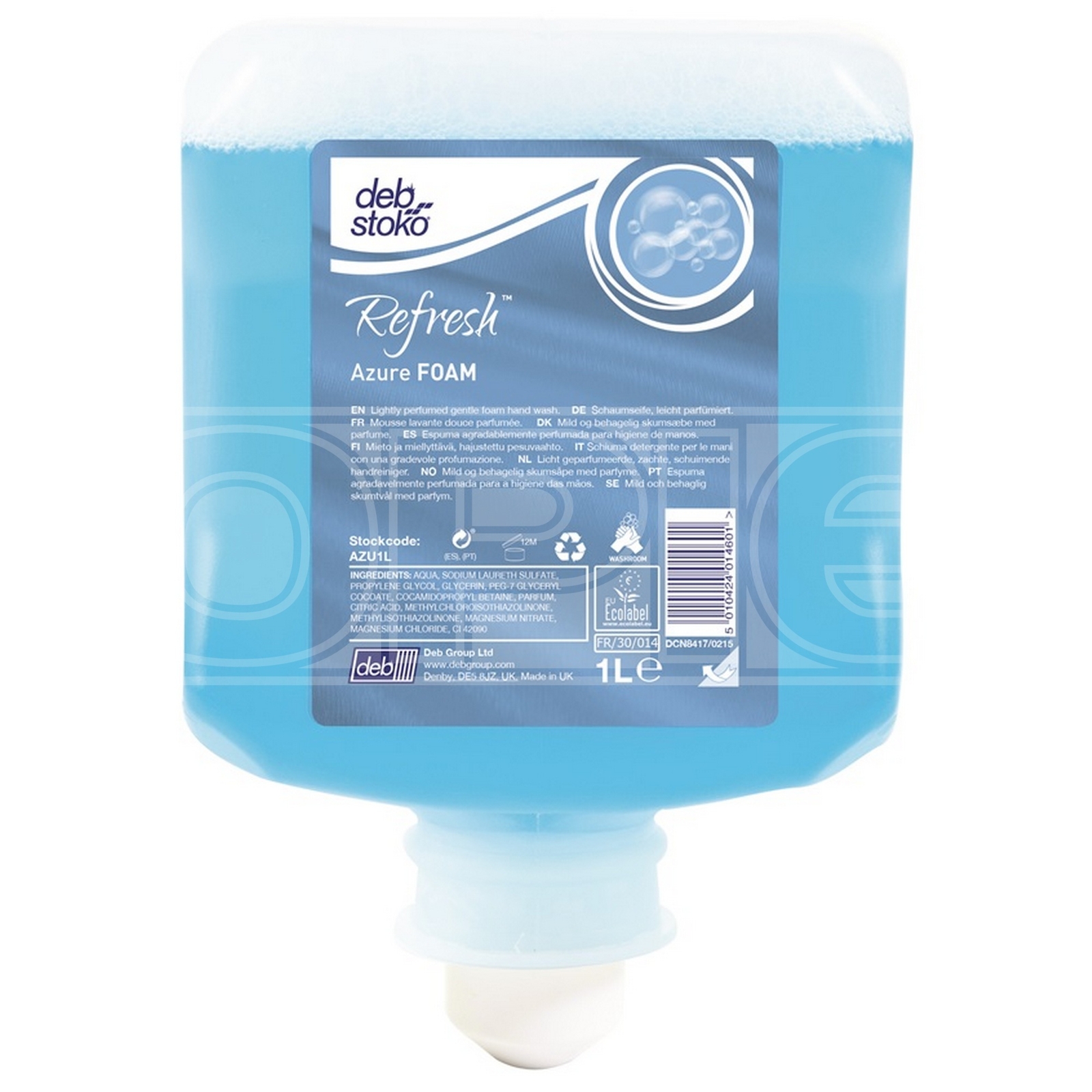 Deb Azure Foam Hand Wash Cartridge For Use With WRM1LDSEN Dispenser 1L AZU1L