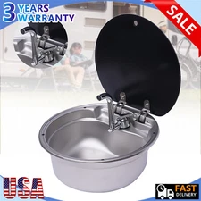 RV Caravan Camper Sink Stainless Steel Hand Wash Basin Sink w/Glass Lid & Faucet