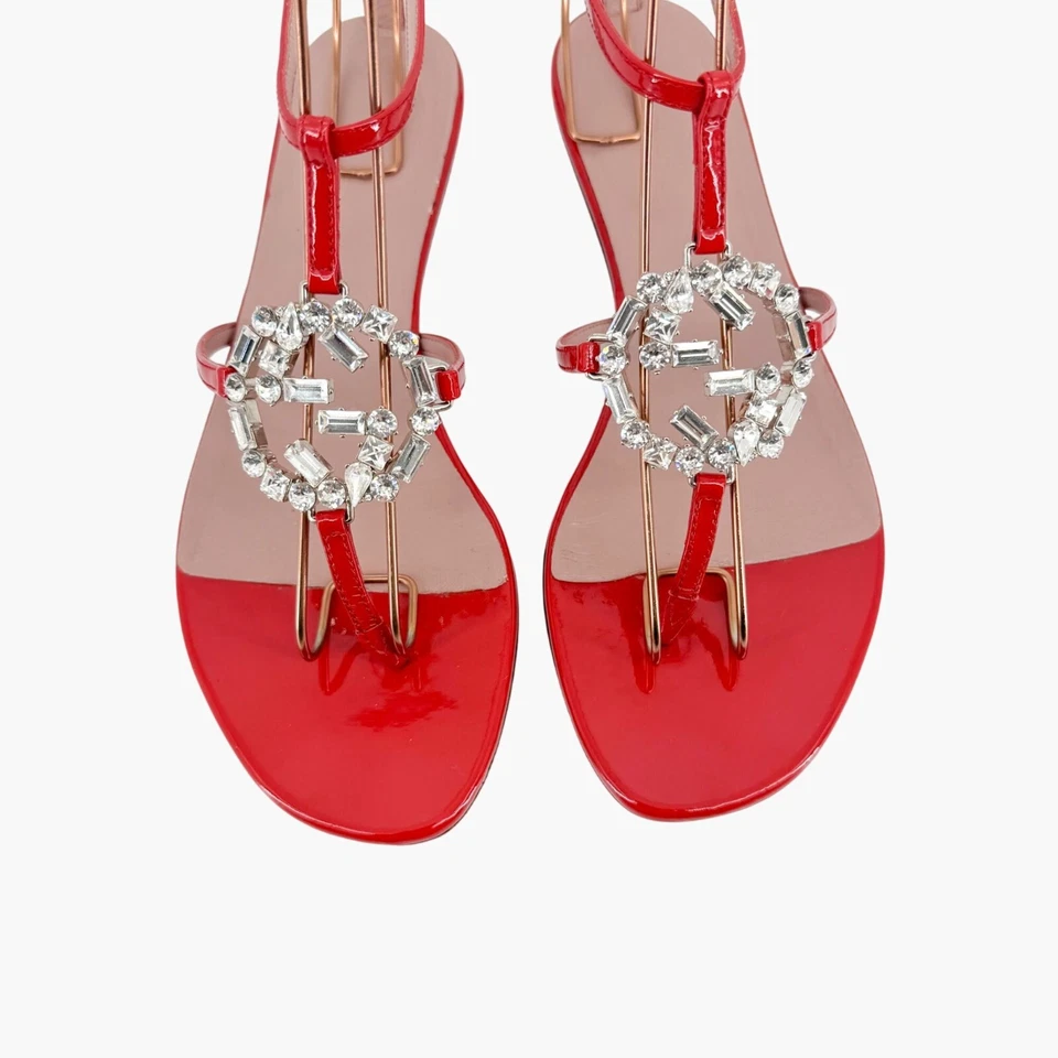 Gucci Crystal GG Interlock T-Strap Sandals EU 37 US 7 Red Patent Flat Logo Thong - Image 4 of 4