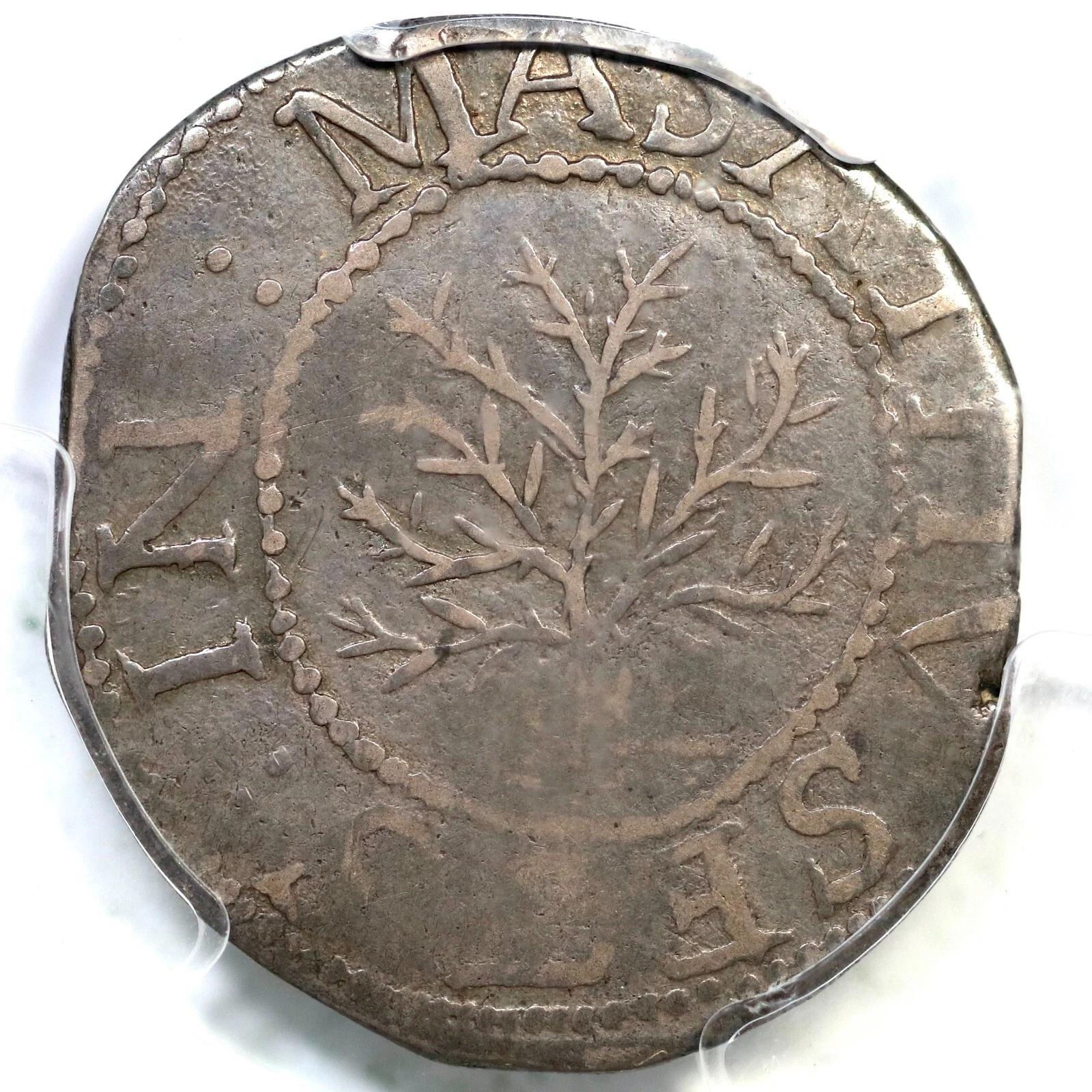 1652 N-1 R-3 PCGS XF 40 CAC Massachusetts Oak Tree Shilling Colonial Coin.