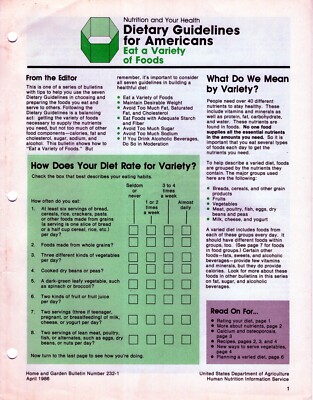 VINTAGE 70'S AND 80'S DEPT. OF HHS DIETARY GUIDES PUB GRAPHS, CHARTS AND RECIPES
