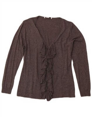DKNY Damen-Cardigan Pullover mit Rüschen vorne UK 12 mittelgrau Baumwolle AD07