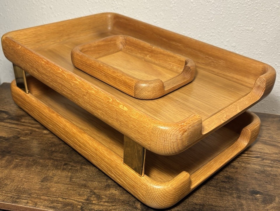 Eldon's Woodline oak desk set is a rare complete MCM office organizer system — warm wood tones that make plastic organizers look shameful.