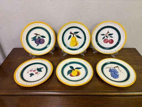VTG Stangl Pottery "Fruit" Salad Plates 8 1/8” Set of 6 Plums Cherries Apple Etc