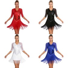 Women Dancewear Waltz Mini Dress Dance Skirt Latin Glittery Flamenco Sequins