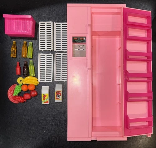 Vintage Barbie |  Pink Refrigerator & Freezer with Accessories | Soda Fruit Milk