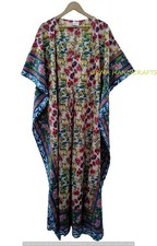 Indian Floral Handblock Print Multi Sleepwear Maxi Gown Women Caftan Beach Dress
