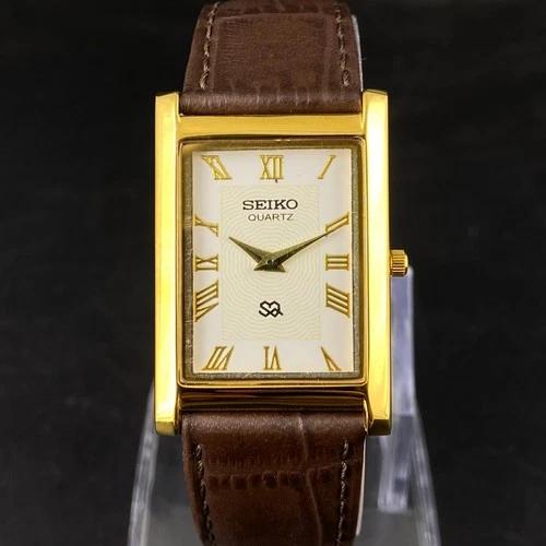 Vintage Seiko Slim Tank Quartz Men White Dial Dress Watch-Free DDP Shipping