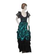 Vintage Victorian Gothic Gown Emerald Green Metallic Lace Bustle Dress Corset