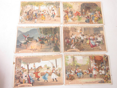 43299 6x Sammelbild Kaufmannsbilder Pfeiffer Diller´s Nationaltänze 3 Ecken besc