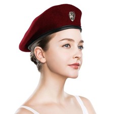 Wool Army Military Beret Hats for Men Women,British One Size, Wine Red 