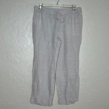 Talbots Women's Linen Wide Leg Drawstring Pull On Pants Cream 14 Petite Pockets