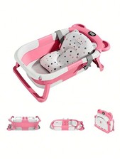 Baby Bathtub Foldable Drain Hole Soft Cushion Travel Tub Anti Slip Toddler Pink