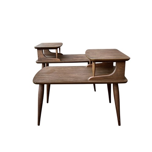 Pair Vintage Two Tiered Step Back End Tables Walnut Laminate Mid ...