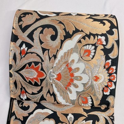 Japanese Kimono Fukuro Obi Belt Pure Silk Gold Silver Arabesque Flower Leaf 