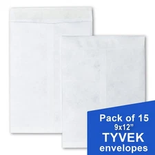 Tyvek Envelopes 9 x 12", Plain White, Peel & Seal, Pack of 15, FREE Shipping