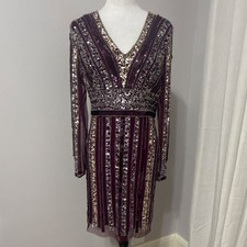 Adrianna Papell Sequin Mesh Sheath Dress V-Neck Long Sleeve Purple Size 8