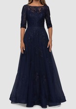 La Femme Women Blue Floral Lace Tulle Boat-Neck A-Line Gown Dress Size 8