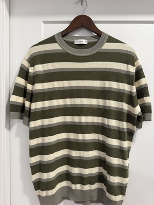 Mango Man Mens Medium Short Sleeve Casual Shirt Green And White Stripe