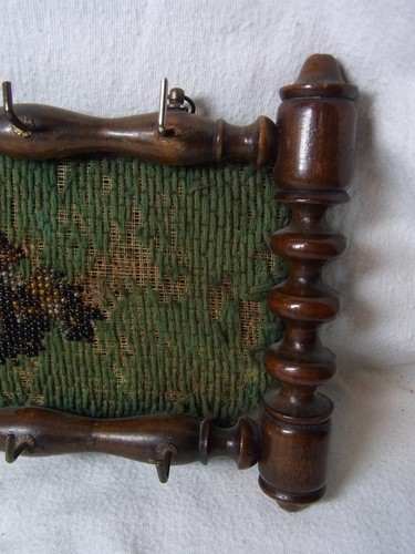 Key Rack Fabric with Glass Pearls and Turned Wood Antique German #M - Picture 3 of 12