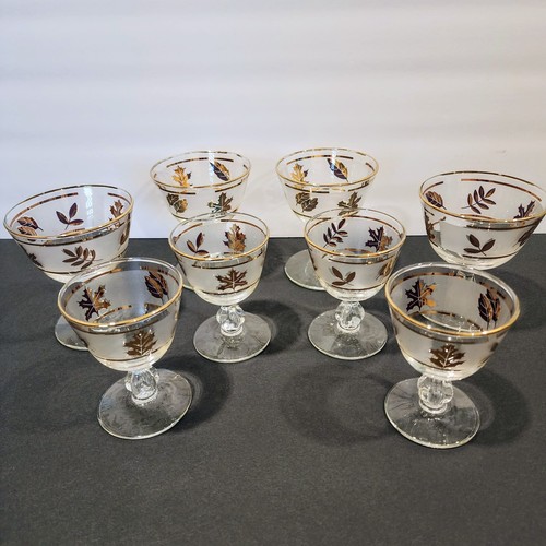 Vintage Mid Century Set of 8 Libbey GOLDEN FOLIAGE Frosted Band Glass Barware - Picture 4 of 15