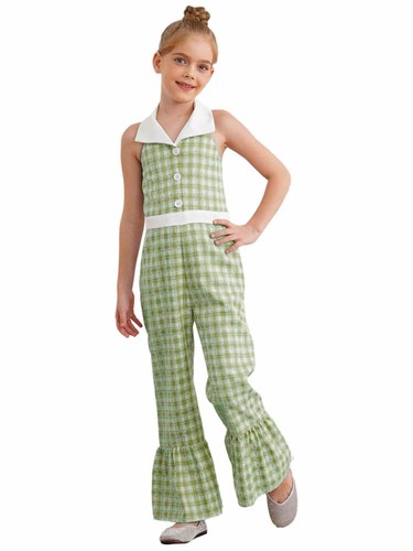 Kids Girls Rompers Backless Bodysuit Cosplay Overalls Plaid Jumpsuit Casual 70s - Picture 50 of 65
