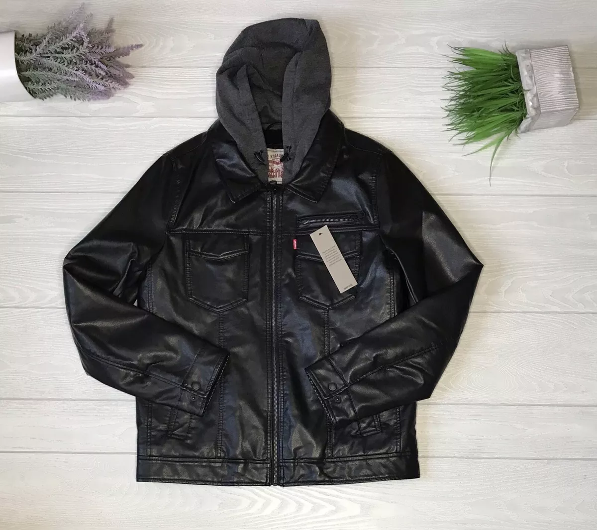 Men s Levi s Leather Trucker Jacket with Jersey Hood and Fleece Lining Size S