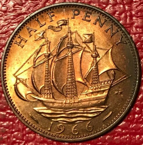 NICER TONING - AU/UNC 1966 GREAT BRITAIN 1/2 HALF PENNY ENGLISH CENT-DEC522