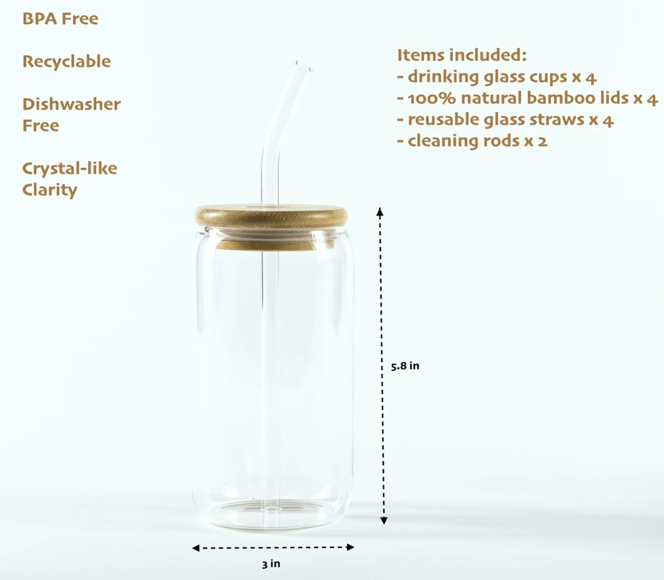 Juego de 4 vasos con tapas de bambú y pajita de vidrio tazas en forma de lata de 16 oz Foto 4 de 4