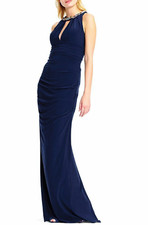 Adrianna Papell Midnight Blue Jersey Halter Gown w/ Jeweled Neckline Size 2