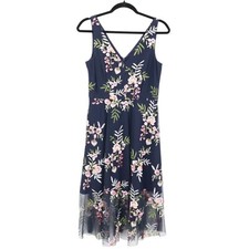 Vince Camuto Dark Floral Mesh Dress Womens 4 Navy Romantic Feminine Garden Party