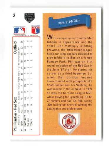 1991 UPPER DECK PHIL PLANTIER RC BOSTON RED SOX #2 - Picture 2 of 2