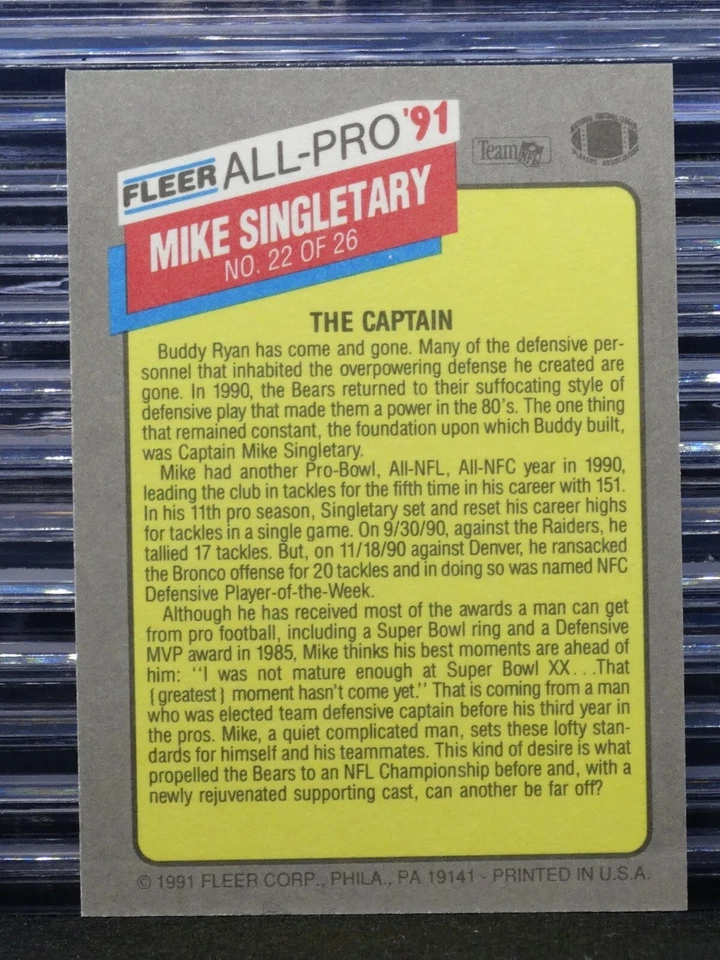 1991 Fleer All-Pro  Mike Singletary #22 Chicago Bears HOF Football Insert Card - Image 2 of 3