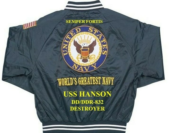 USS McCandless　海軍記念 ジャンパー 　刺繍スタジャンブルゾン 黒 USS MYLES C. FOX DD/DDR-829 DESTROYER EMBROIDERED SATIN JACKET