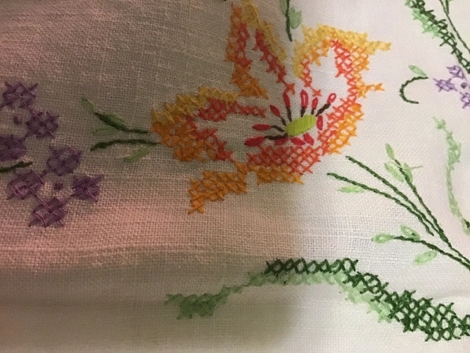 Vintage Floral Hand Embroidered Dinner Table Cloth  48”X 63” - Image 2 of 4