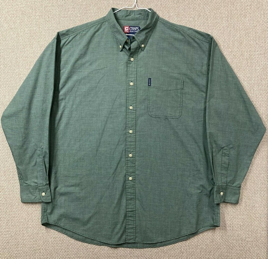 Chaps by Ralph Lauren Mens Button Down Shirt XXL 2XL Long Sleeve Green Check