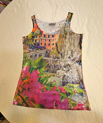 City Life Sequin Graphic Tank Top Medium M Italy Cinque Terre Landscape USA