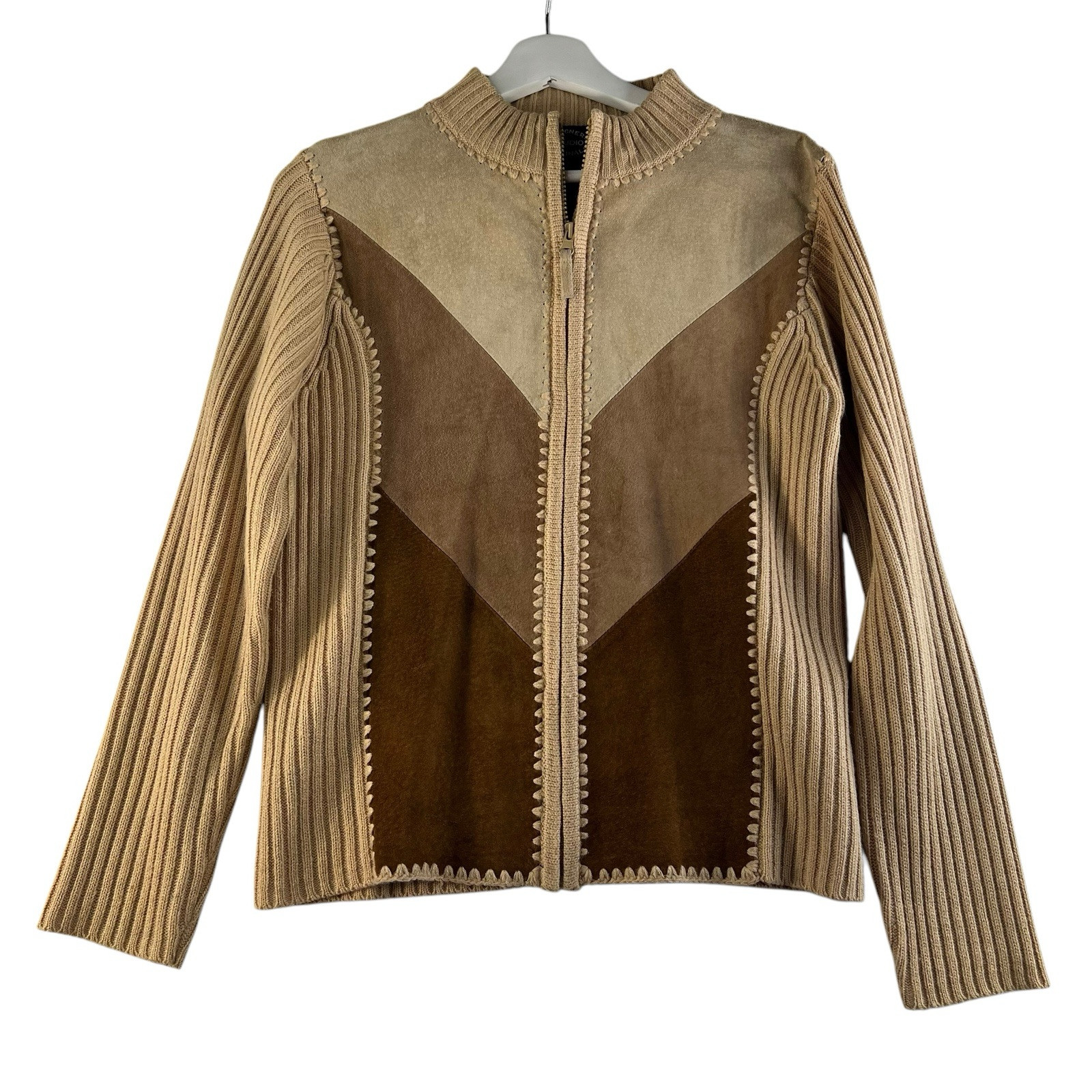 Vtg Small S Leather Patchwork Full Zip Ribbed Swe… - image 1