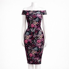 Adrianna Papell Sheath Dress 4 Off Shoulder Black Floral Stretch Velvet Midi