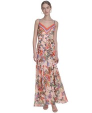 Eliza J Printed Ruffle Trim V-Neck Maxi Dress Women's 8 Blush Multi Zip Closure