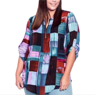 Plus Size Abstract Geo Print Zip Neck Pleated Blouse Top Rolled Sleeve