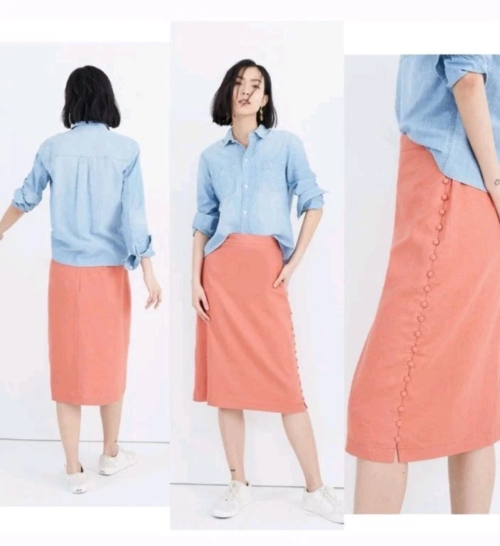 EUC Madewell Women's linen blend button slit Midi Skirt, Salmon Coral Pink, 0