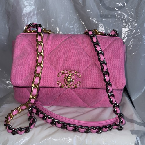 Authentic CHANEL 21S Pink Denim Classic 19 Flap with Muti Color Hardware Bag
