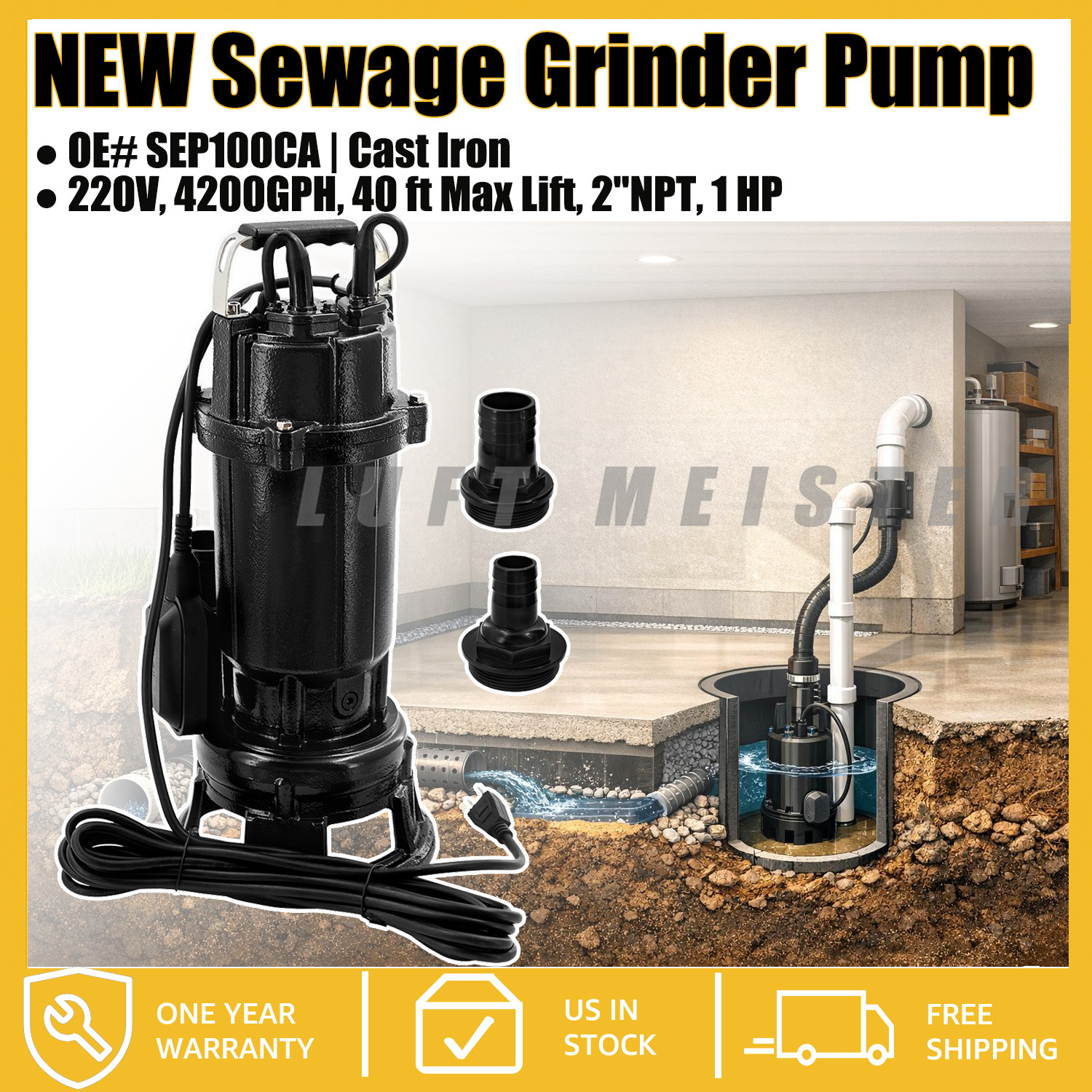 1 HP Sewage Grinder Pump, 220V 4200 GPH 2" NPT Sump Basin & 