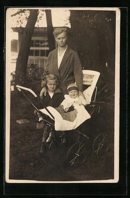 Postcard Mother With Two Children, One In Pram 