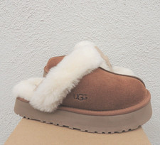 UGG DISQUETTE CHESTNUT SUEDE/ SHEEPSKIN PLATFORM SLIPPERS, US 10/ EUR 41 NEW