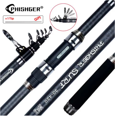 PHISHGER Telescopic Surf Spinning Rod 3.6/4.2/4.5m Power80-150g 30T Carbon Trav