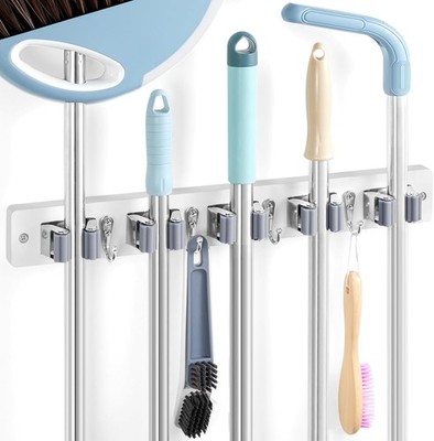 White Broom Holder Wall Mount - Heavy Duty Wood Mop and Broom Organizer with 5 S